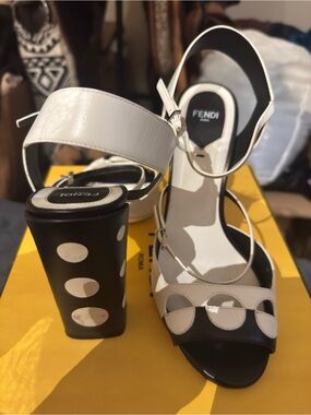 Fendi Black and White Polka Dot Block Heel Sandals